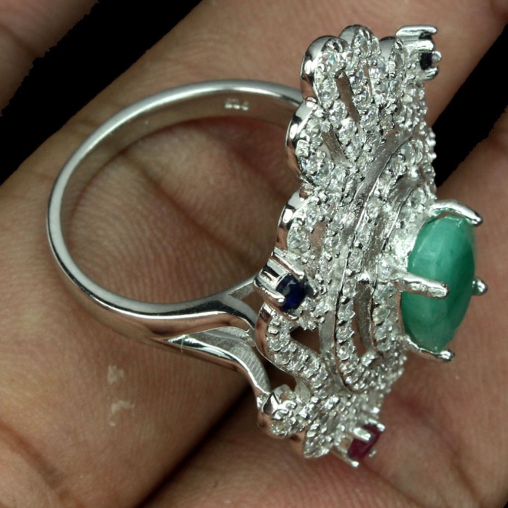 .925 EMERALD/RUBY/SAPPHIRE RING SZ 7 - Picture 3 of 3